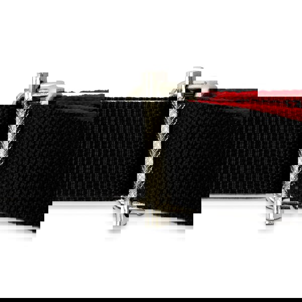 Close-up of a black and red Fitness Mad Pro Bodyweight Suspension Trainer belt with a silver buckle on a white background