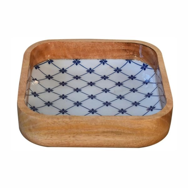 Artisan Furniture Solid Wood Blue and White Square Bowl Set of 2