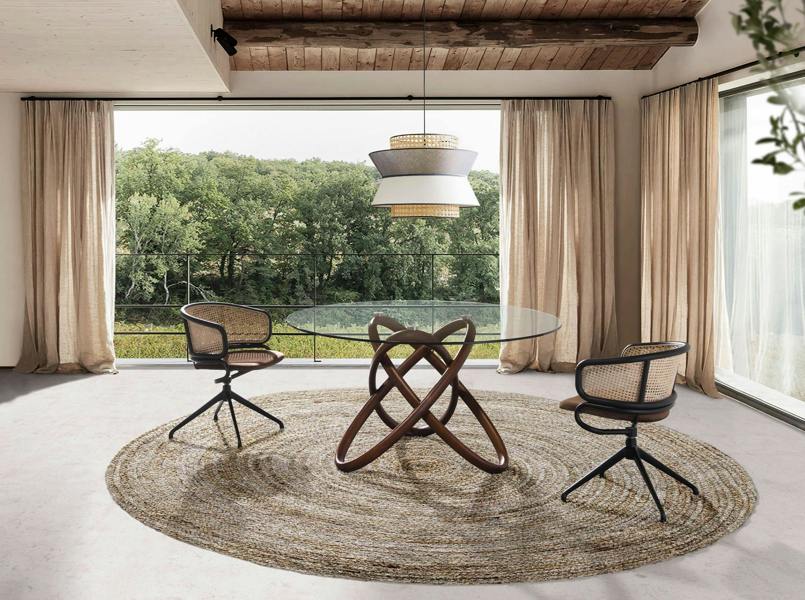 Angel Cerdá Round tempered glass and walnut dining table 1020