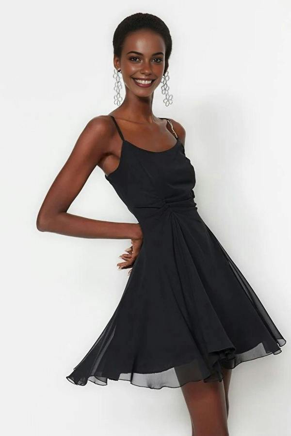 WOVCOR A-Line Accessory Detailed Lined Chiffon Short Flowy Evening Dress