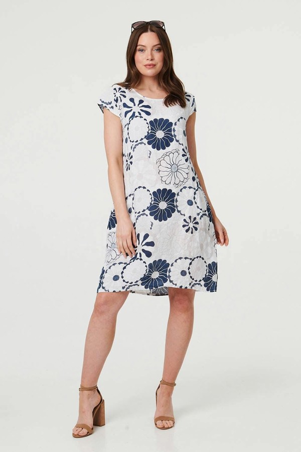 Izabel London Floral Cap Sleeve Shift Short Dress - White