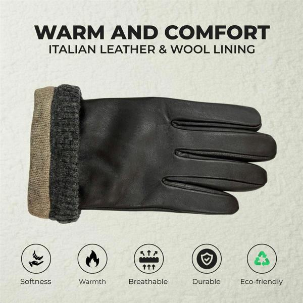 Infinity Leather Men’s Italian Leather Warm Wool Lining Winter Knit Rib Gloves - M-LGV-105