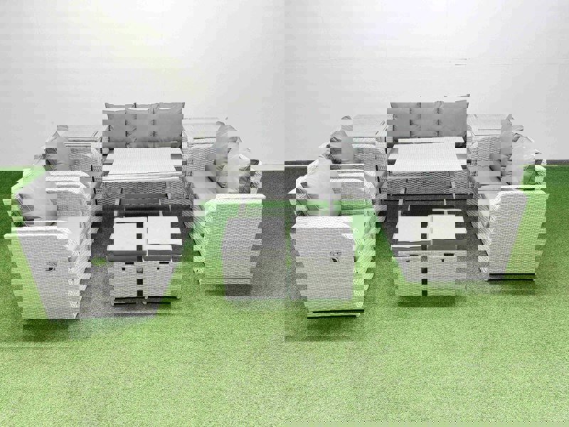 Fimous PE Rattan Garden Furniture Set Outdoor Rectangular Dining Table Sofa Set with Reclining Chair 2 Small Stool 2 Side Tables Light Grey