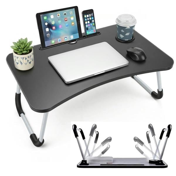 LKH HOME COLLECTION Foldable Laptop Table with Tablet Holding Slot - 60×40×28 cm Portable Bed Tray with Drink Holder, for Bed, Sofa & Desk