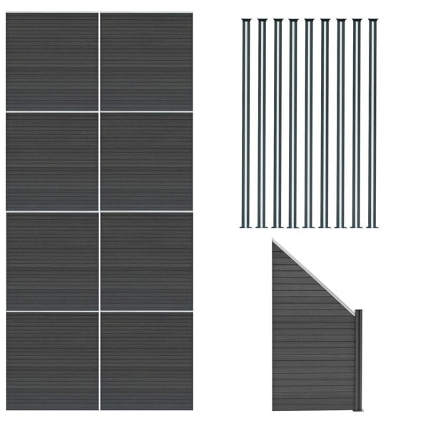 Monstershop Composite Fence Panels x 8, Angled Piece & LED Posts x 9 - Grey