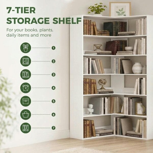 7 Tiers Bookshelf, L-Shaped Corner Bookcase with Anti-Slip Rear Guard, White Wood Effect