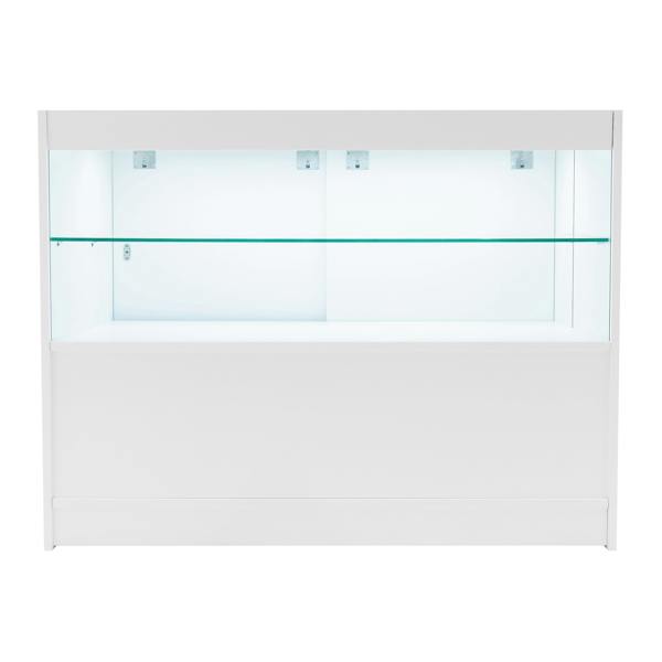White Phoenix LED shop counter set with glass shelves, sleek design, and integrated lighting for showcasing products