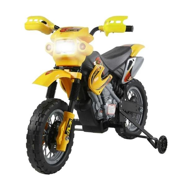Kids electric ride-on motorcycle, yellow body with black seat and suspension springs
