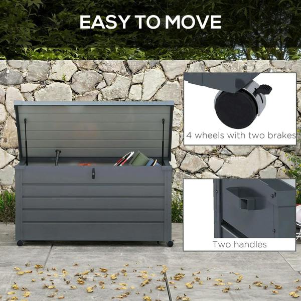 Dark grey storage box with two handles and four brake wheels, lid open.