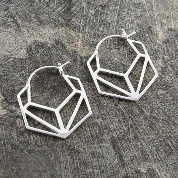 Hexagonal Geometric Silver Hoop Earrings