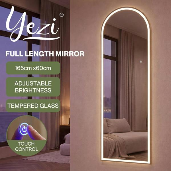 Yezi Full Length Mirror Arched LED Touch Buttons Light-Adjustable 165x60cm White