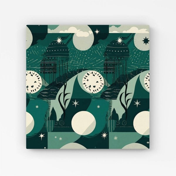 Warren Reed Abstact Green Cream Moon and Stars Canvas