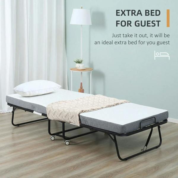 Folding guest bed with white mattress, gray side frame cover, and black base with wheels