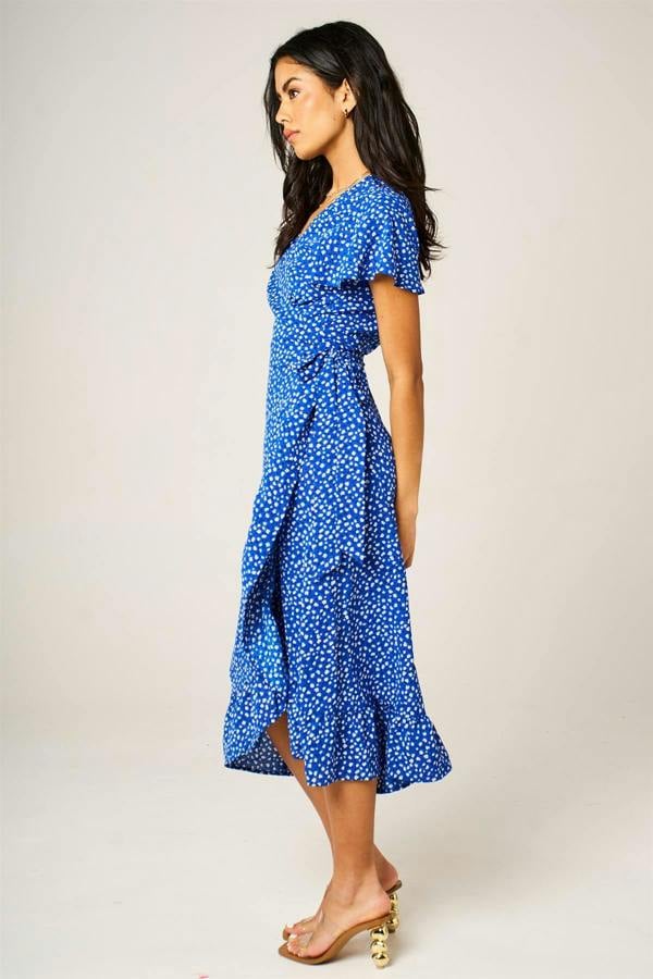 FS Collection Hem Frill Detail Little Floral Print Wrap Dress In Blue