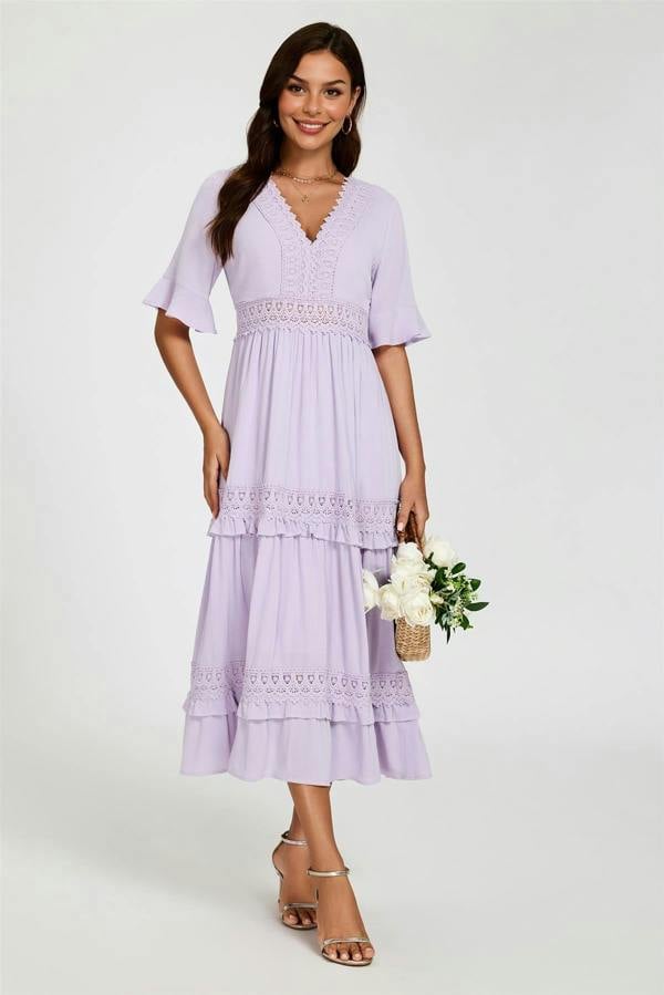FS Collection V Neck Lace Detail Midi Dress In Purple