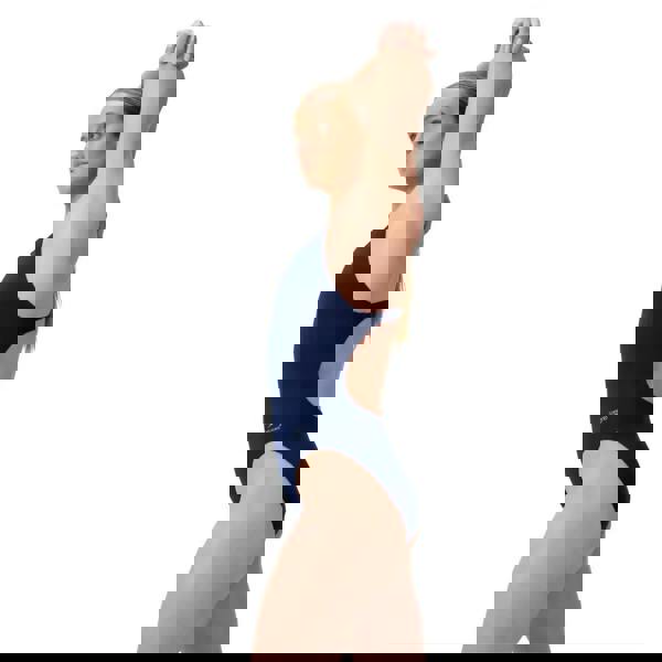 Navy Speedo solid leaderback swimsuit with cutout and logo