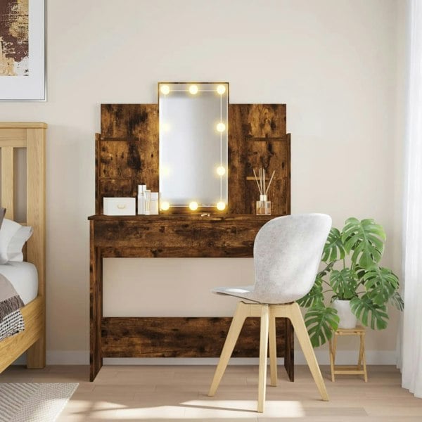 Berkfield Dressing Table with LED Lights Smoked Oak 96x40x142 cm