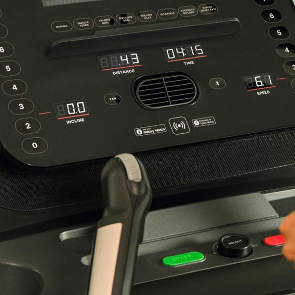 Close-up of the BowFlex T6 treadmill console controls and display.