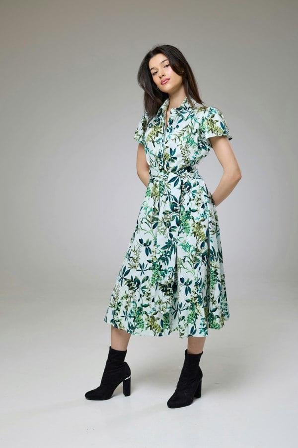 Isha's Timeless collection Flourish Green Flora Short Sleeve Shirt Dress