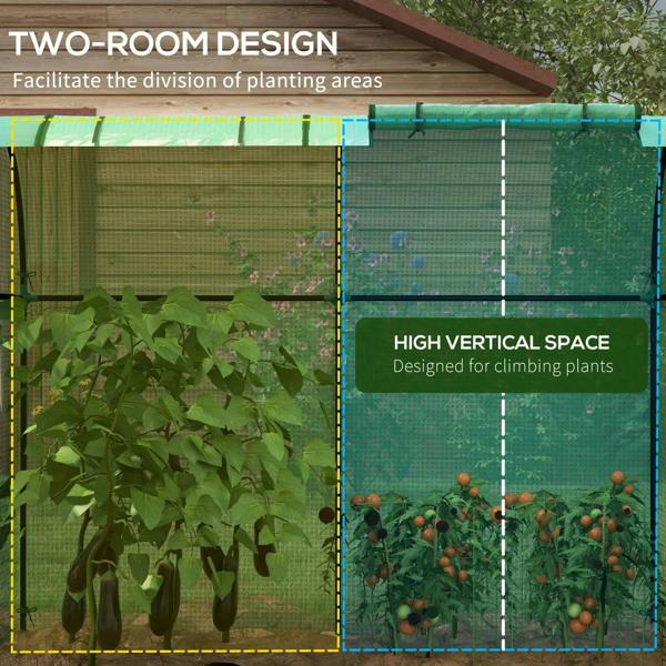 Green two-section mesh grow greenhouse with separate planting areas and plants