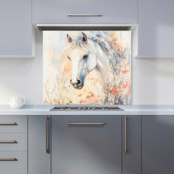 Warren Reed White Horse in Meadow Glass Kitchen Splashback - 00022