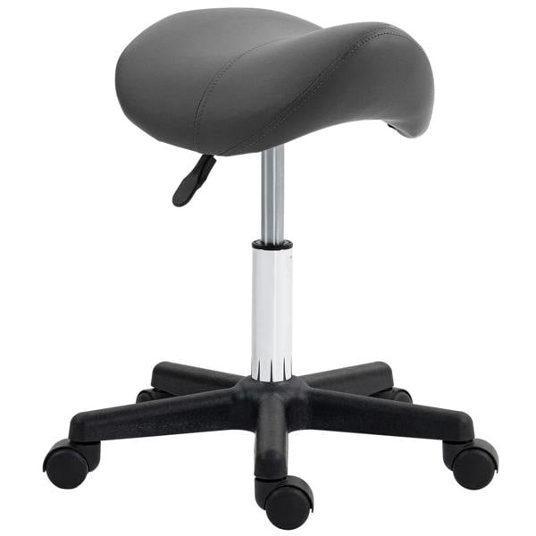 Grey padded saddle stool with arched seat and rolling caster base