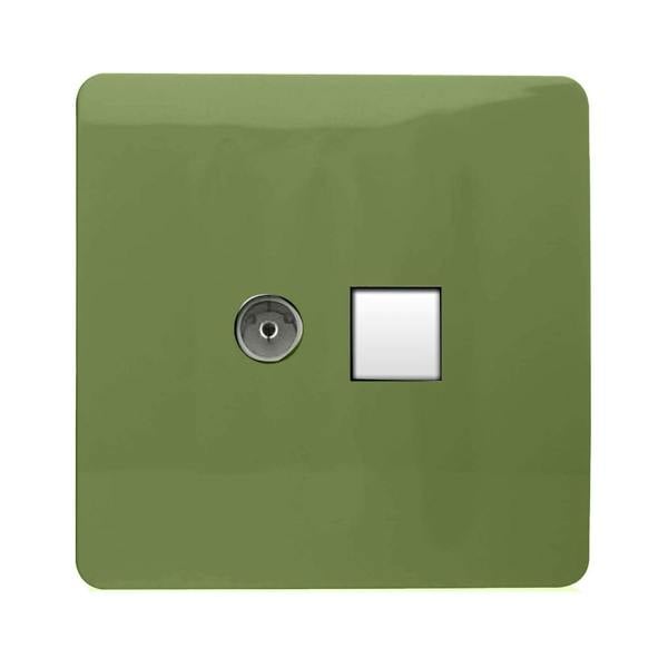 Trendi Switch 2 Gang Female TV Co-Axial & RJ45 Cat 5e PC Ethernet Sockets in Moss Green
