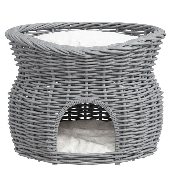Grey woven wicker cat house with arched front opening and white interior cushion