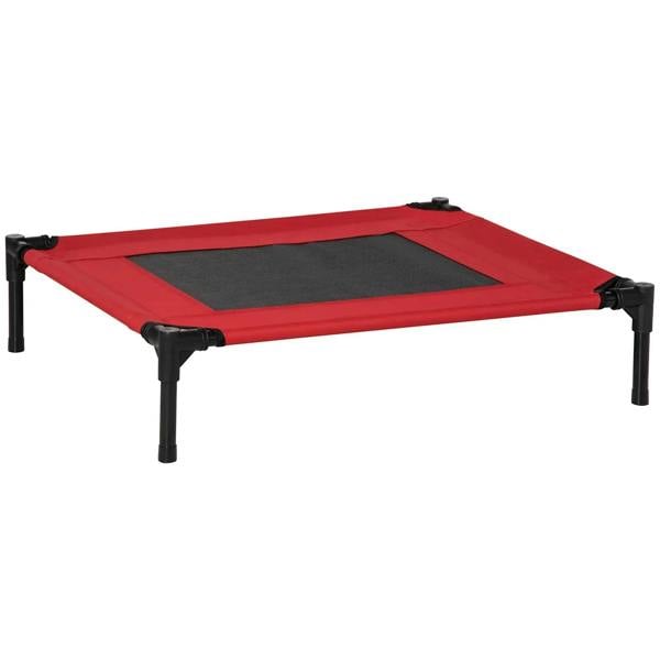 Elevated dog bed with red fabric and black metal frame, medium