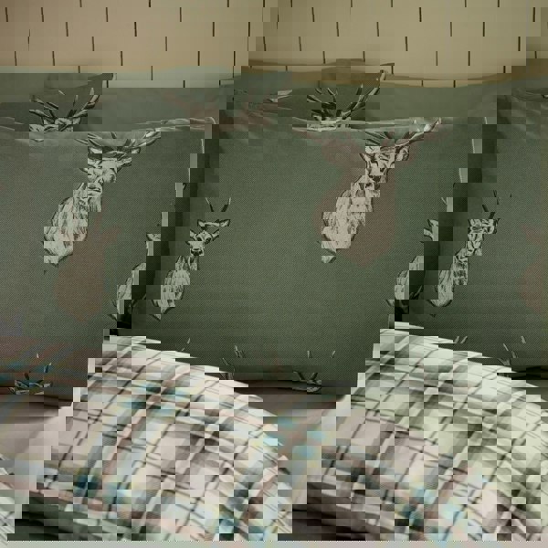 Catherine Lansfield Stag Check Reversible Duvet Cover Set Soft Green
