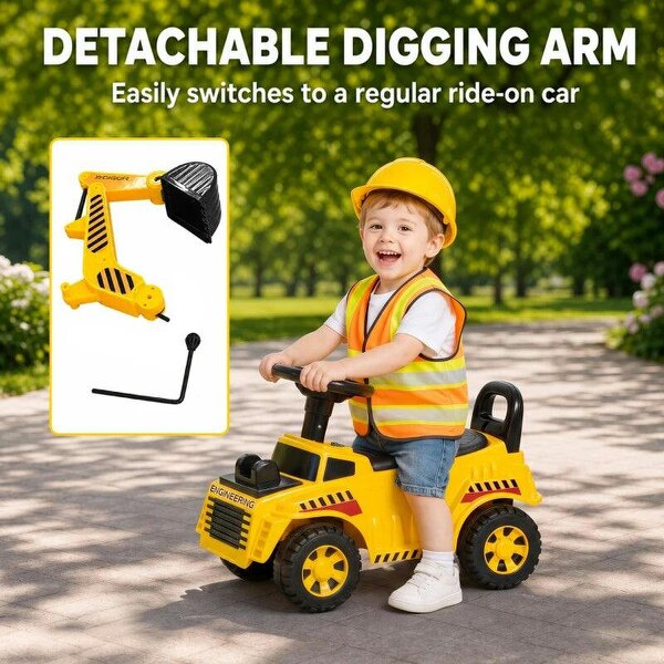 Kids Ride on Digger, Toddler Construction Toy Car with Security Helmet, Horn, Detachable Digging Arm