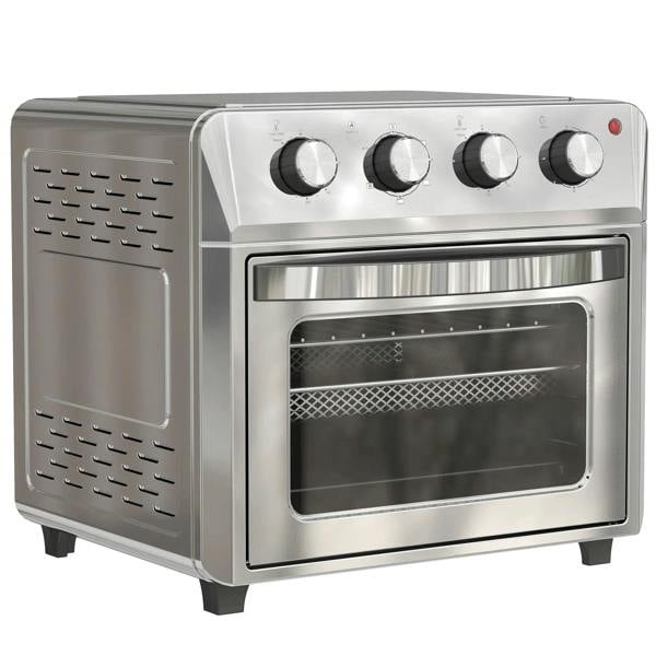 Silver mini air fryer oven with glass door and four top temperature knobs