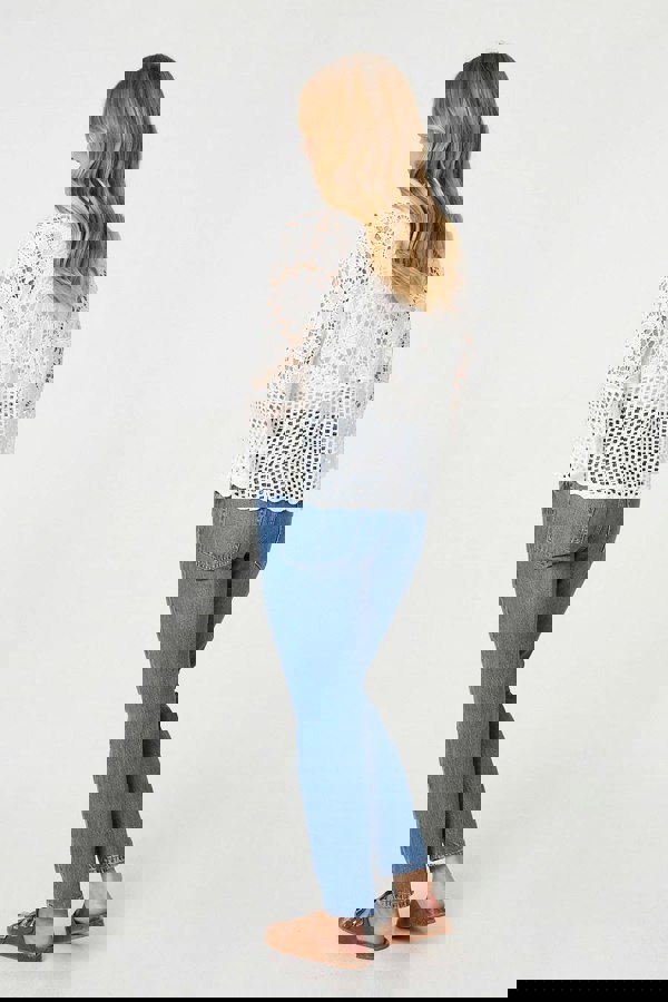 White | Semi Sheer Crochet 3/4 Sleeve Crop Top
