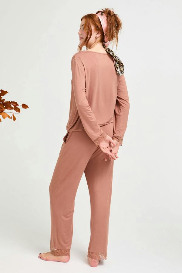 Bamboo Lace V-Neck Pyjama Set in Mocha - Pajamas