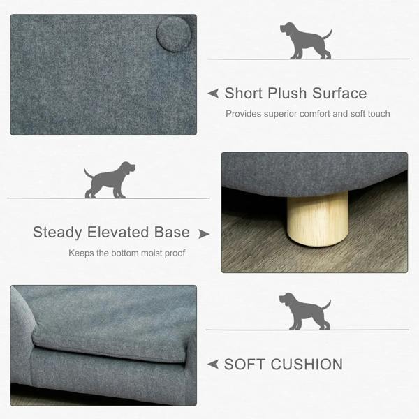 Grey pet sofa bed close-up showing short plush fabric surface and wooden feet