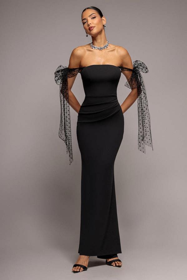 Scuba & Polka Mesh Bella Bow Multiway Maxi Dress - Black DR5020