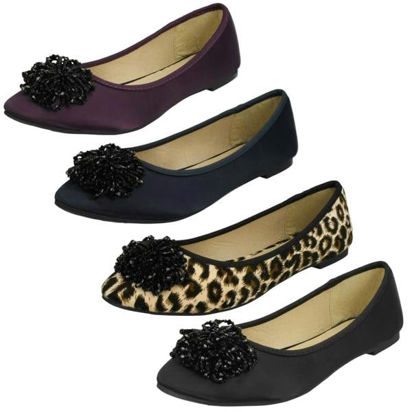 Spot On Ladies Spot On Beaded Ruffle Vamp Flat Ballerina