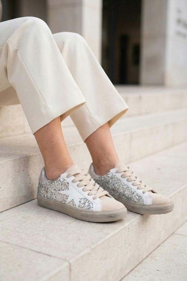 Tatum Glitter Star Detail Lace Up Trainers - Silver