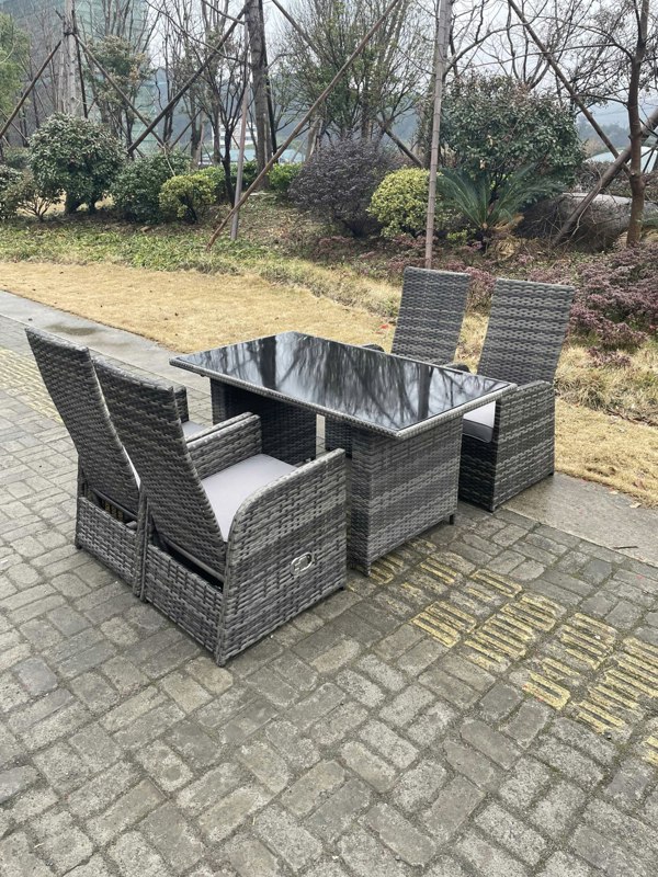 Fimous Rattan Outdoor Garden Furniture Set with 4 Reclining Chairs and Rectangular Table - 4 Seater - Dark Grey