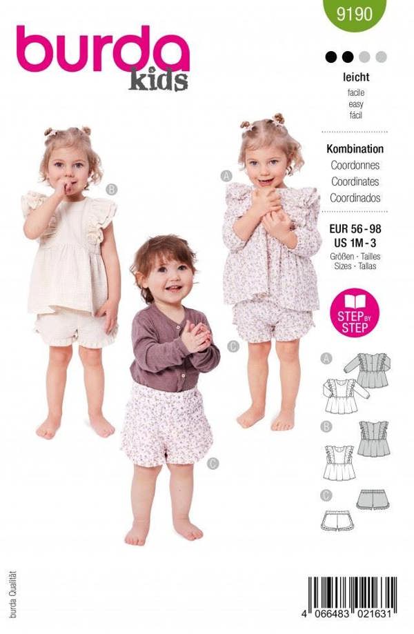 Burda Sewing Pattern 9190 Tops, Shorts and Dresses For Babies and Kids, 1 Month to 3 Years - Easy