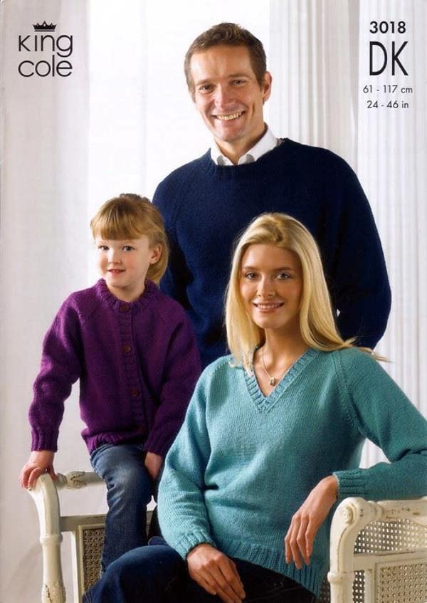 King Cole Merino Knitting Pattern 3018, Cardigans, Sweaters for Kids, Men, Women, 24 - 46 Inches - Easy