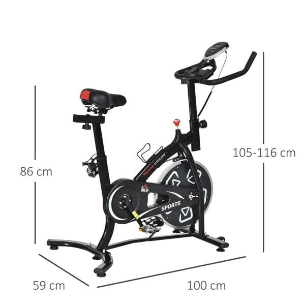 Black indoor exercise bike with size dimensions shown on side profile