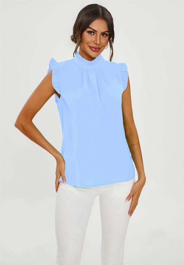FS Collection Frill Trim Sleeve High Neck Blouse Top In Light Blue