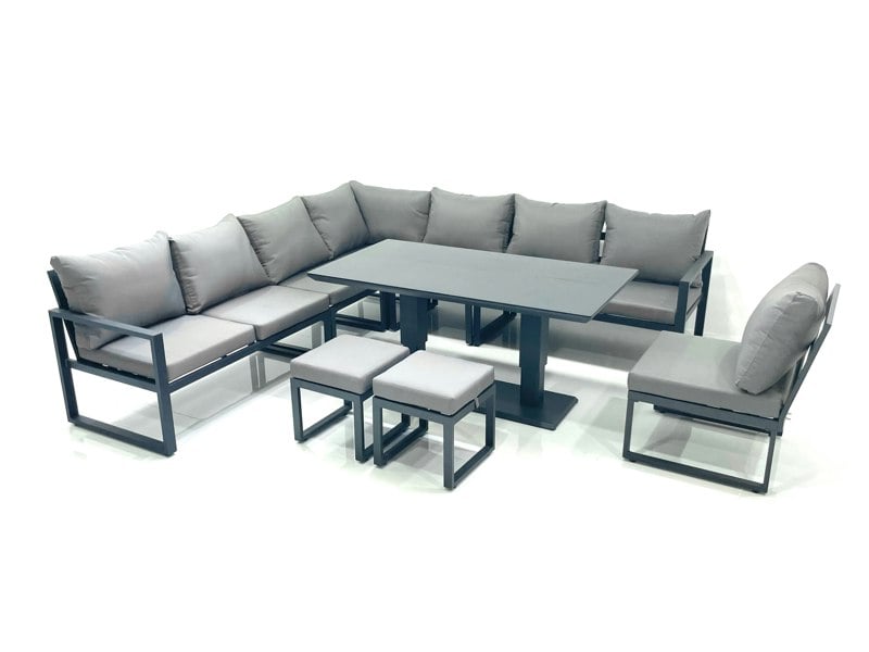 Fimous 10 Seater Outdoor Aluminium Garden Furniture Set Corner Sofa 2 Small Footstools Rising Lifting Dining Table Sets Dark Grey