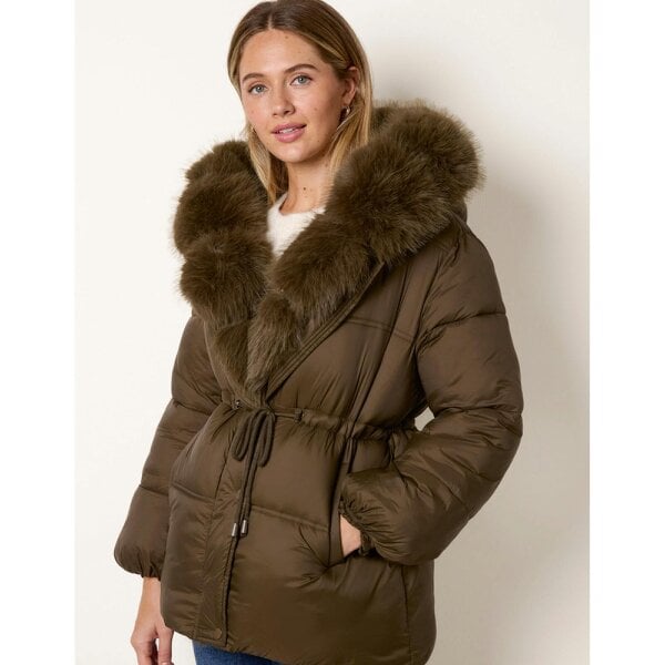 Blue Vanilla Drawcord Waist Faux Fur Hooded Coat