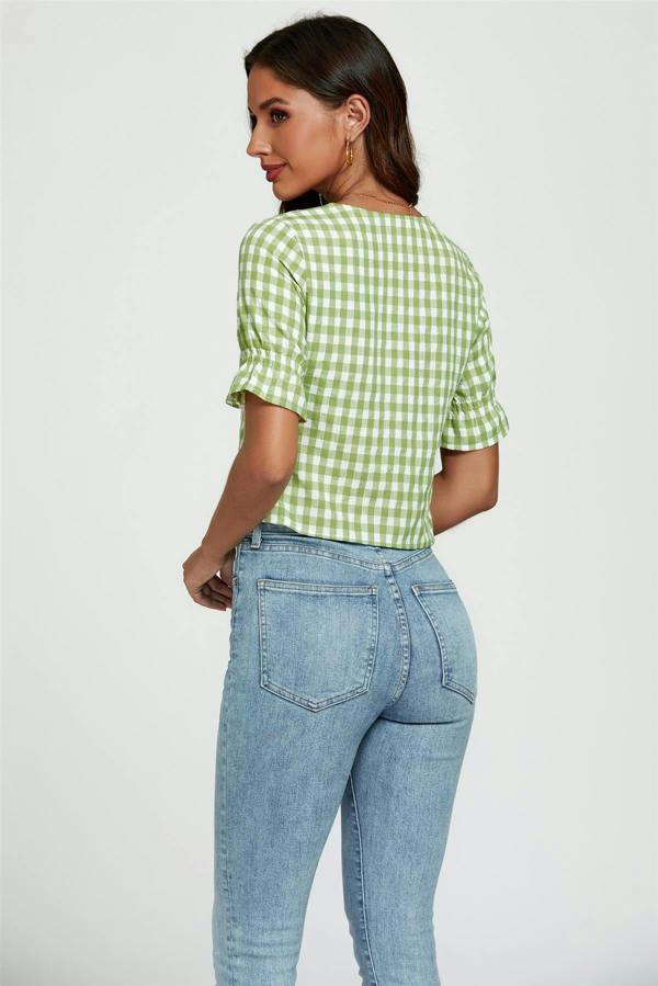 FS Collection Check Print Tie Front Top In Green