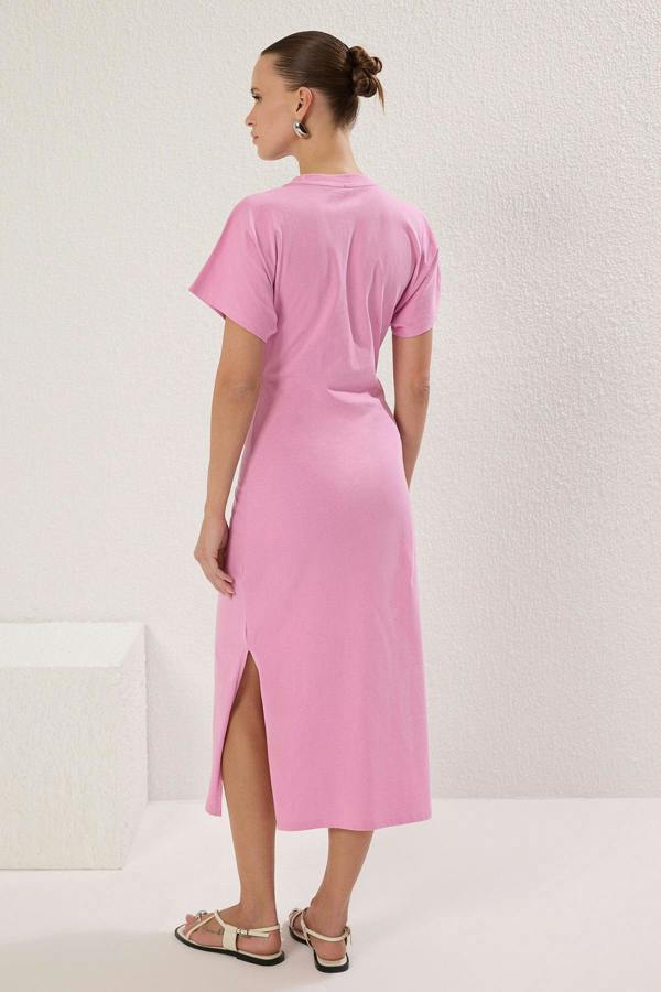 WOVCOR Batwing Sleeve Bodycon Midi Dress with Tie Waist Detail