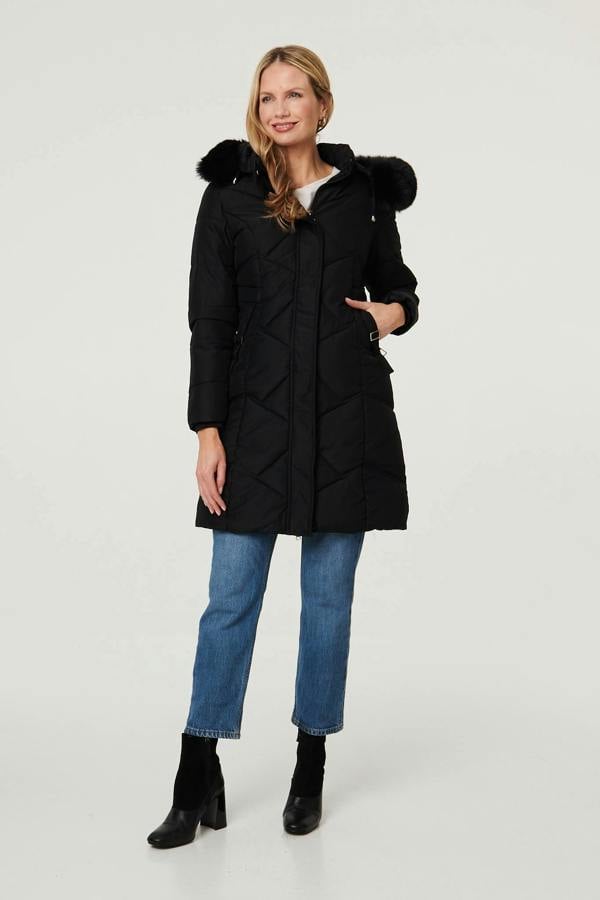 Izabel London Hooded Faux Fur Trim Puffer Jacket