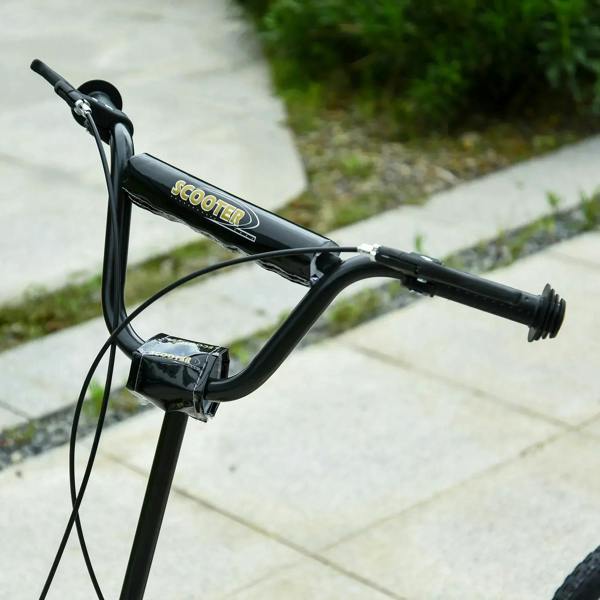 Black stunt scooter handlebar with brake lever and front stem above the wheel.