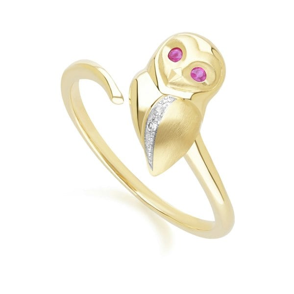 Gemondo Gardenia Ruby and White Sapphire Owl Ring in 9ct Yellow Gold